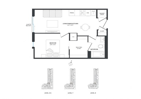 Floor plan for 1 bed, 1 bath, 508 sqft